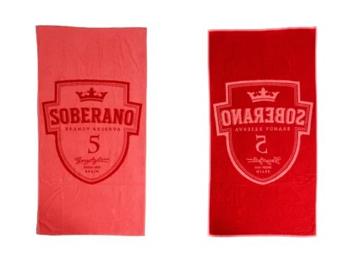 Červený reklamný uterák Soberano s logom firmy
